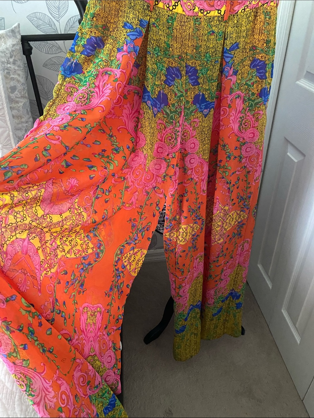 AKIRA Coral Pink & Orange Bohemian Floral wide leg pants with back zipper - Picture 2 of 10